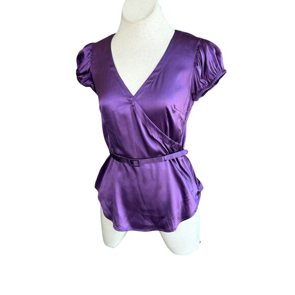 INC International Concepts Purple Stretch Silk Puffy Sleeve Faux Wrap Blouse - Picture 3 of 11
